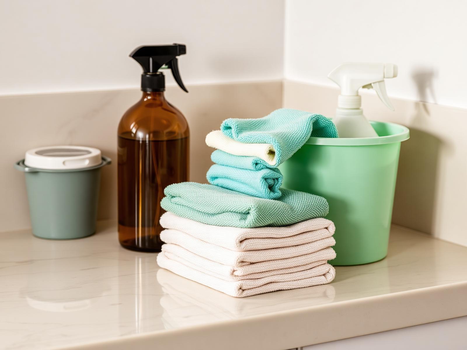Folded microfiber cloths and cleaning supplies arranged on a clean kitchen counter